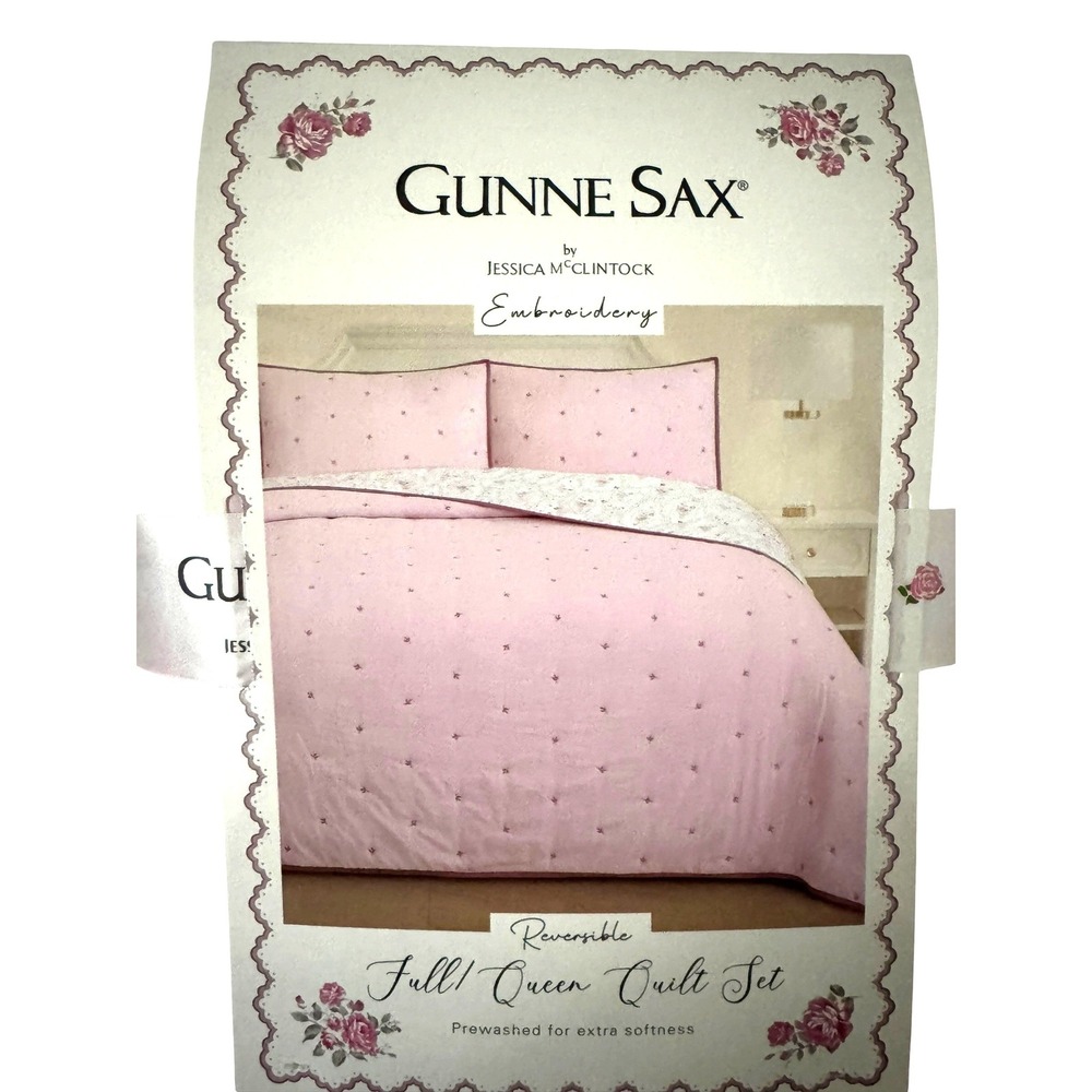 Gunne Sax Jessica McClintock Pink Floral Reversible Full Queen Quilt Set 3pc NEW